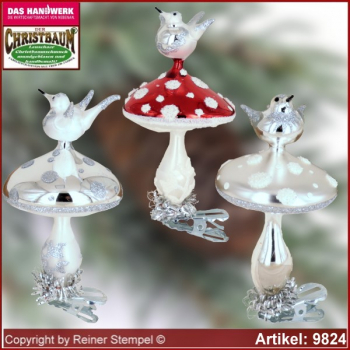 Christbaumschmuck Fliegenpilz mit Vogel Glasform Sammlerstücke