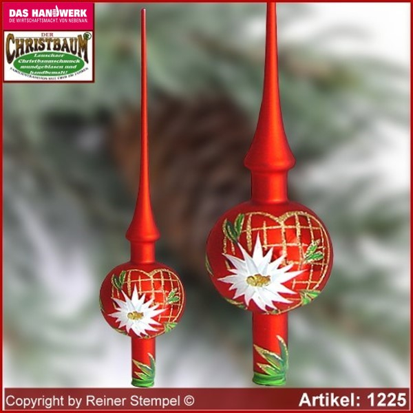 Christmas tree ornaments glass tree top Landdhaus Rot with Edelweiss in heart glass from Lauscha Thüringen.