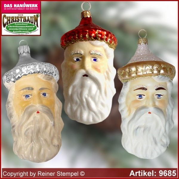 Christbaumschmuck, altdeutscher Weihnachsmannkopf, Baumschmuck aus Lauscha Glasfigur, Glasform Sammlerstücke Glas aus Lauscha Thüringen.
