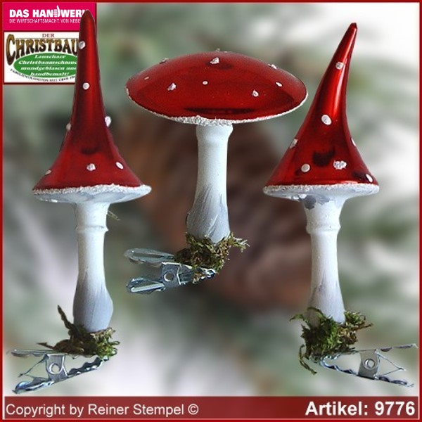 Christbaumschmuck, Fliegenpilz, Glanz, Baumschmuck aus Lauscha Glasfigur, Glasform Sammlerstücke Glas aus Lauscha Thüringen.